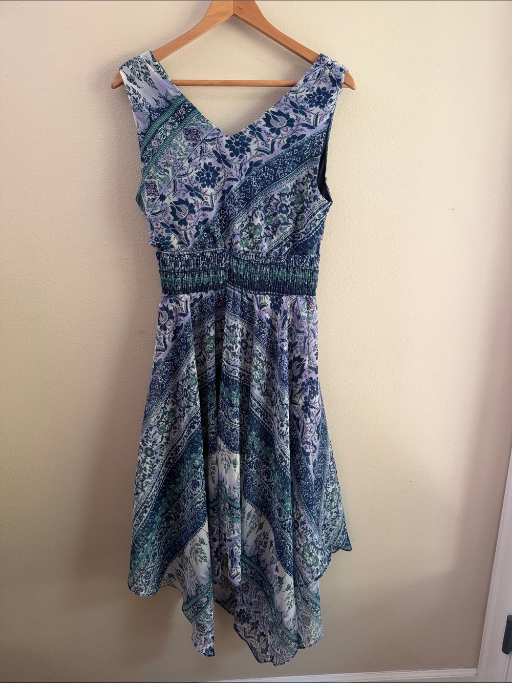 Rabbit Rabbit Rabbit Asymmetrical V-Neck Dress in Blue & Green - Picture 3 of 5